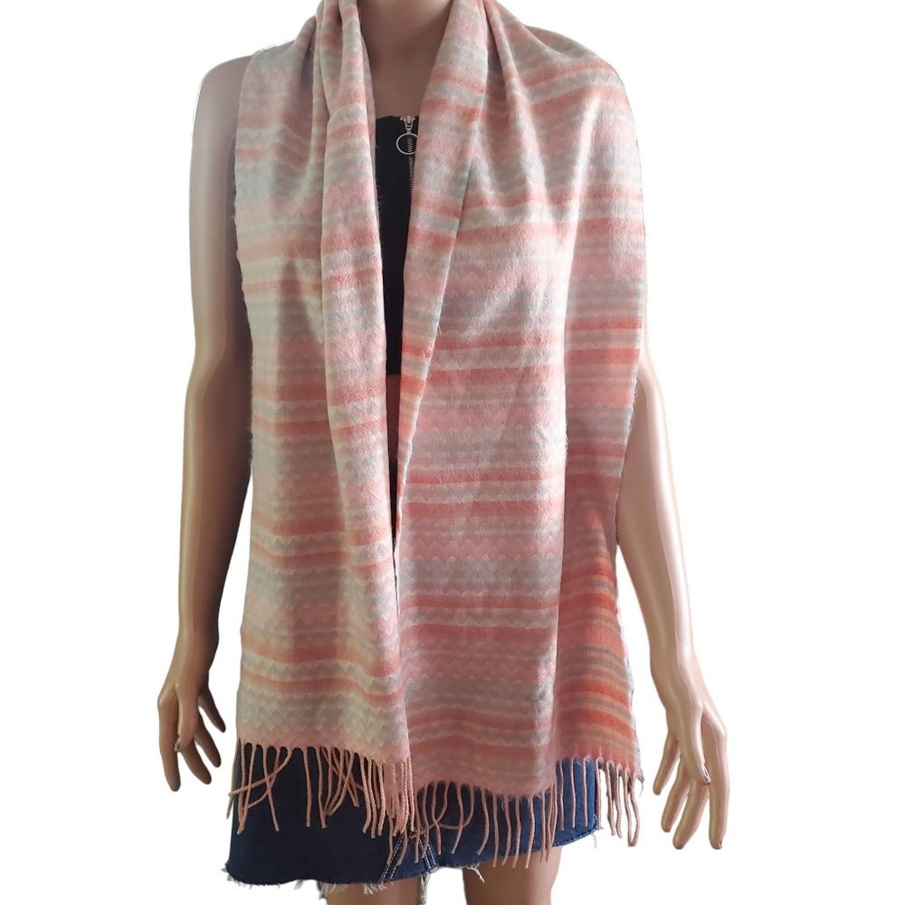 100% Cashmere Scarf Pink Blue Made in Germany Fringe Zig Zag SOFT Hand Woven